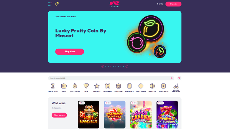 A desktop online casino lobby shows a 'Lucky Fruity Coin By Mascot' promo banner above a game category bar and a 'Wild wins' game row.