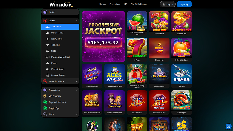Winaday casino lobby showing a left sidebar menu and a grid of game tiles beside a progressive jackpot panel reading $163,173.32.