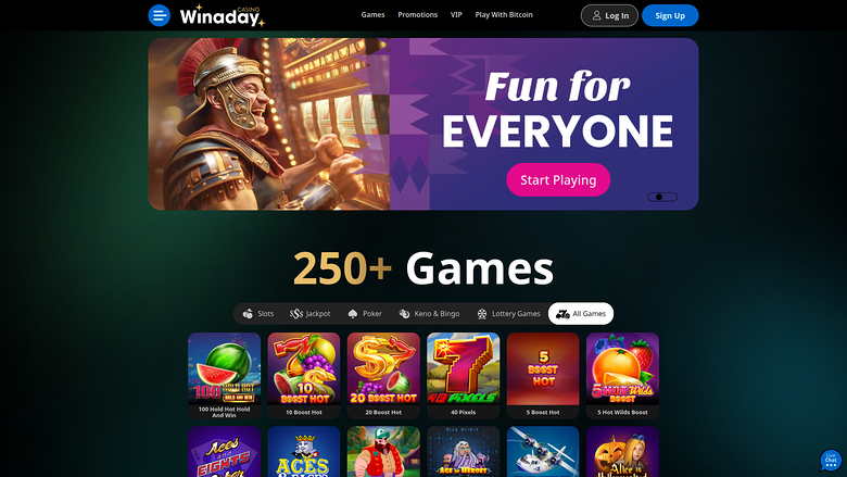 A Winaday online casino homepage showing a promotional hero banner and a grid of game tiles under a '250+ Games' heading.