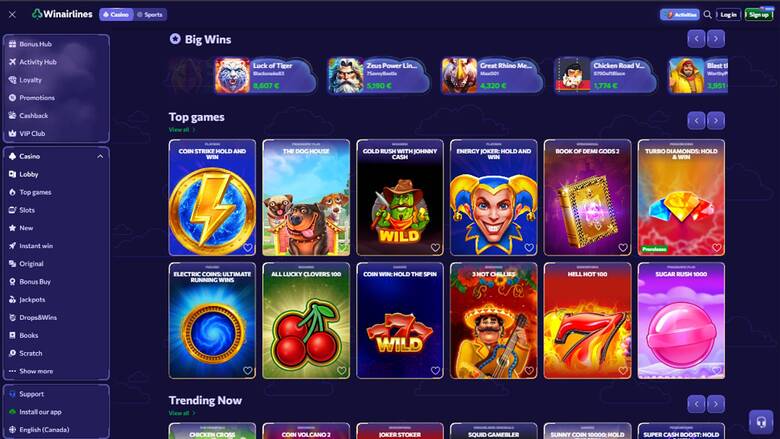 A WinAirline casino lobby screen showing a left sidebar menu, a Big Wins row, Top games grid and a Trending Now section.