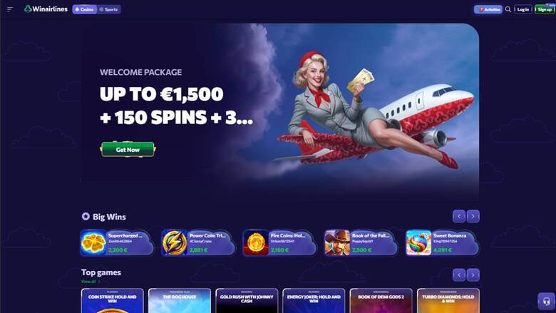 A Winairlines online casino homepage showing a welcome package hero banner and rows of game tiles.