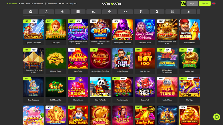 A Winawin casino lobby page showing a grid of game tiles under a top navigation bar with Login and Sign Up buttons.