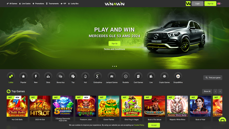 Winawin casino homepage showing a Mercedes GLE 53 AMG 2024 car giveaway hero banner above a Top Games row of slot tiles.