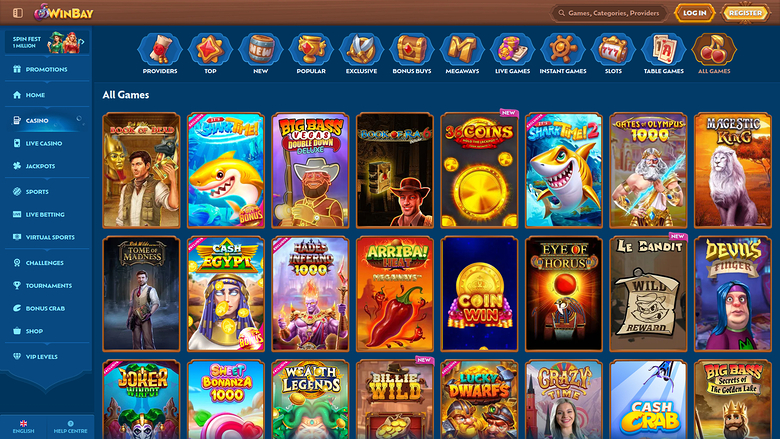 An online casino lobby page showing a grid of game tiles under an 'All Games' heading with a left sidebar menu and top navigation bar.