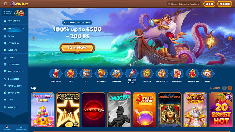 WinBay online casino lobby showing a welcome bonus banner and a row of game category icons above a Top games carousel.
