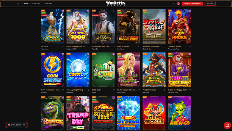 A WinBetta casino lobby screen showing a grid of eighteen game tiles under the Games tab with sign-in and account creation options in the header.