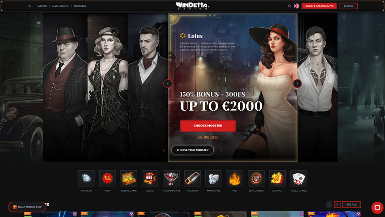 A WinBetta casino homepage shows a mafia-themed hero carousel with a 150% bonus up to €2000 plus 300 free spins offer.