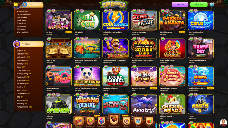 An online casino lobby screen showing a grid of game tiles with a left sidebar of game categories and providers, and Sign in and Sign up buttons in the header.