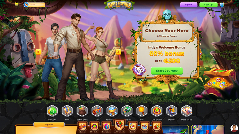 A casino lobby screen for 'Twin Legends' showing a jungle-themed welcome bonus panel with three illustrated characters and a row of game category icons.