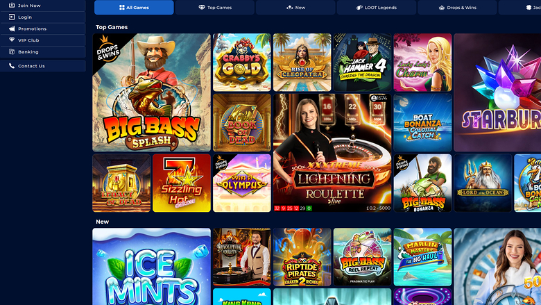 An online casino lobby screen showing a left sidebar menu and a grid of game tiles under Top Games and New sections.
