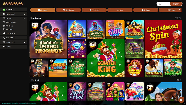 An online casino lobby screen showing a left sidebar account menu, a top category bar and rows of game tiles under 'Top Games' and 'Win Rush'.