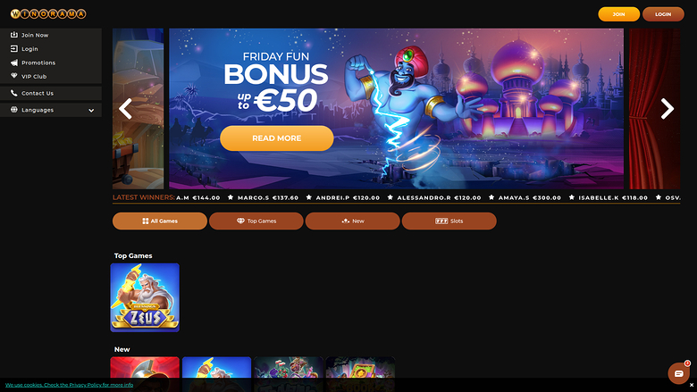 An online casino lobby screen showing a Friday Fun Bonus promotion banner, a left sidebar menu, category tabs and game sections.