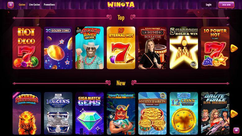 An online casino lobby screen for WINGTA showing two horizontal rows of game tiles labelled Top and New.