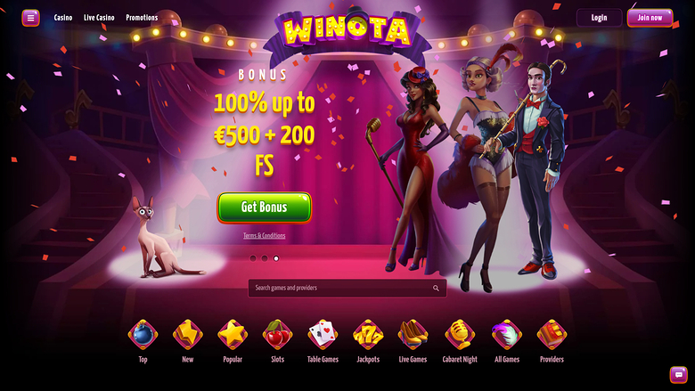 A Winota casino landing page showing a theatre-themed welcome bonus hero with a search bar and game category icons.