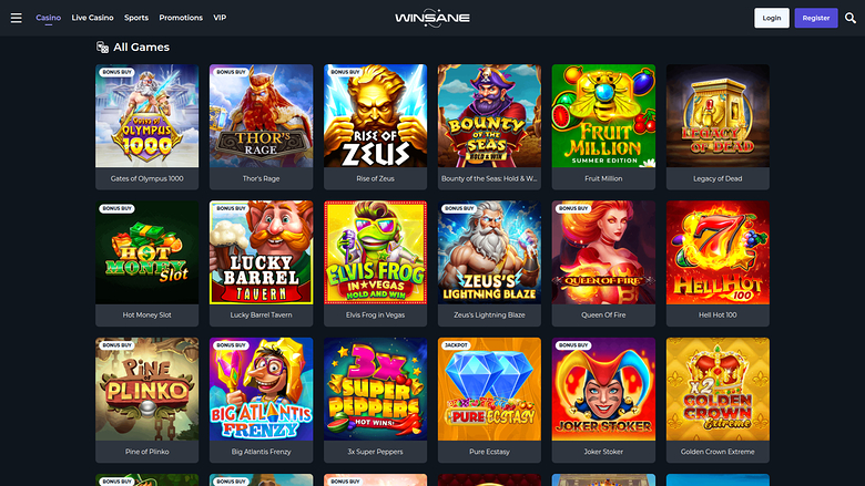 A WINSANE online casino lobby showing an 'All Games' grid of slot game tiles with a top navigation bar and login and register buttons.