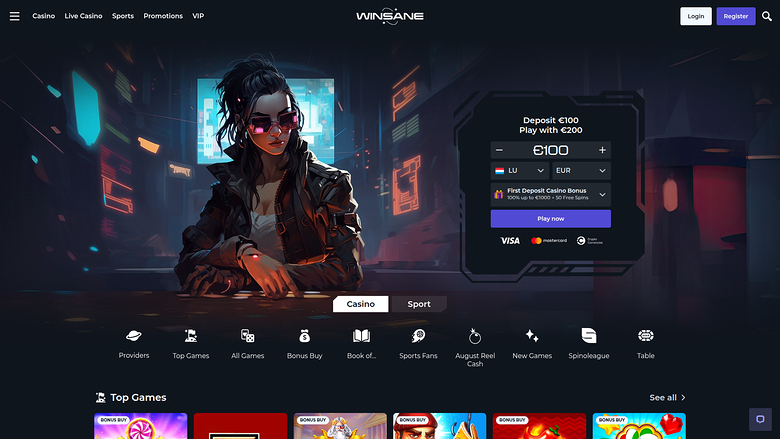 A WinSane casino homepage shows a cyberpunk-styled hero banner with a deposit bonus widget and a row of game category icons above a Top Games section.