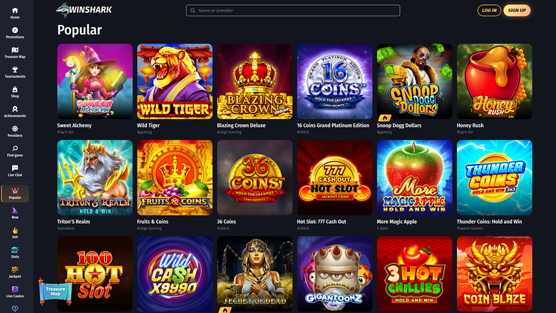 An online casino lobby titled Popular showing a grid of game tiles with a left sidebar and top header.