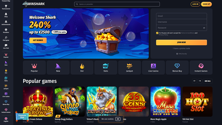 WinShark casino lobby showing a welcome bonus hero banner, a registration form, category icons and a Popular games row.