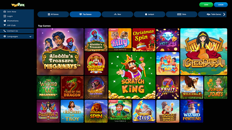 A WinPark online casino lobby screen showing a left sidebar menu, a top category bar and a grid of game tiles under the heading Top Games.
