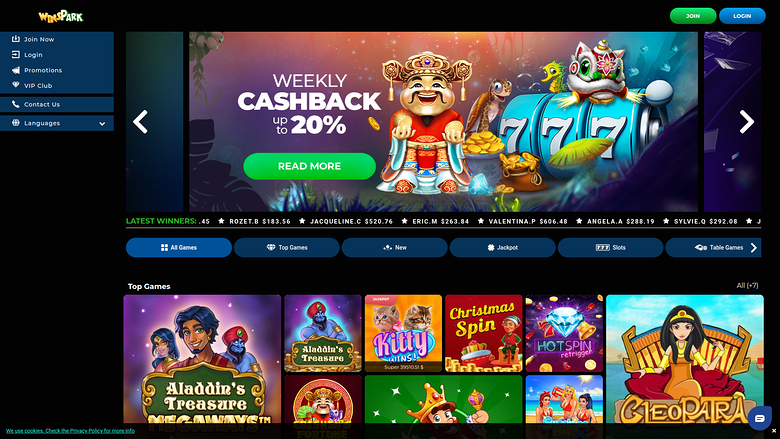 A 'WinPark' online casino lobby shows a left sidebar menu, a 'Weekly Cashback up to 20%' banner, a latest winners ticker, category tabs and a Top Games grid.