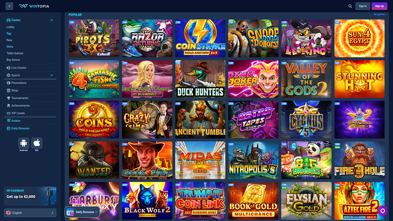 A desktop online casino lobby for Wintopia showing a left sidebar menu and a grid of game thumbnails under a Popular tab.