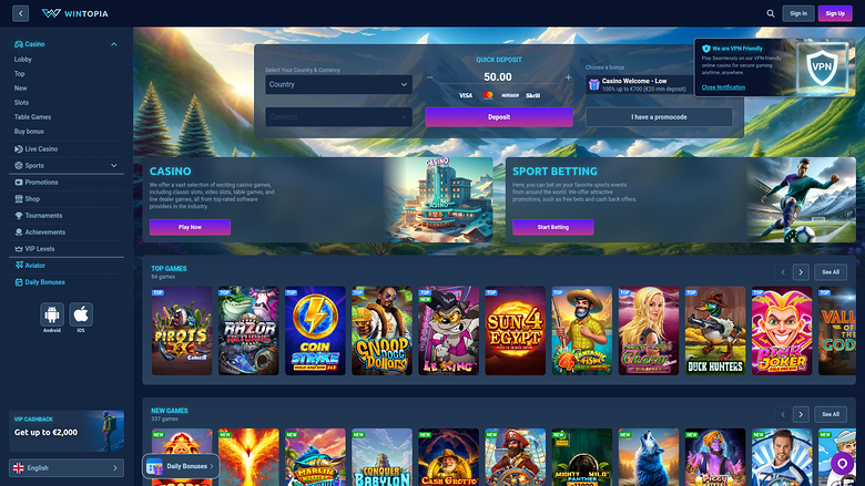Wintopia casino lobby screenshot showing a quick deposit panel, casino and sport betting banners, and rows of game tiles.