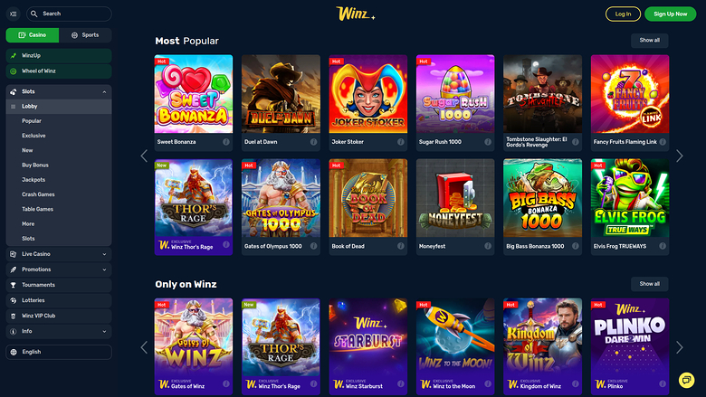 An online casino lobby screenshot showing a left sidebar menu, a top bar with login and sign-up buttons, and game tiles arranged in Most Popular and Only on Win