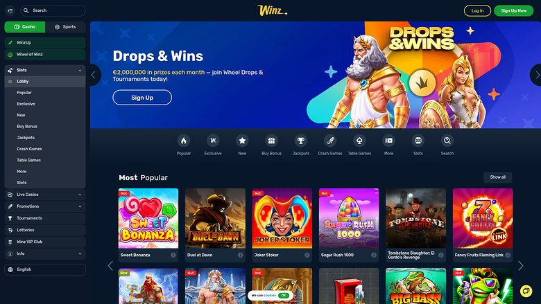 A Winz online casino lobby screenshot showing a 'Drops &amp; Wins' promotional banner and a 'Most Popular' row of game tiles.