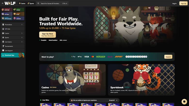A dark-themed online casino homepage for Wolf.bet showing a wolf mascot hero banner, a sign-up offer, payment logos and Casino and Sportsbook category cards.