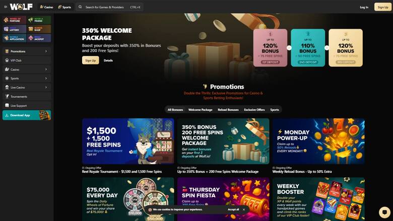 A dark-themed online casino promotions page shows a 350% welcome package hero banner, three bonus cards and a grid of promotional tiles.