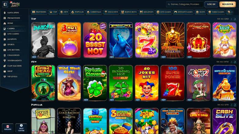 An online casino lobby screen showing rows of game tiles under Top, New and Popular headings with a left sidebar menu and top filter bar.