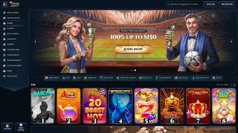 An online casino lobby screen showing a sports-themed welcome bonus hero banner above a row of numbered game tiles.