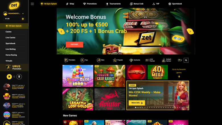 An online casino lobby screenshot showing a welcome bonus hero banner, a left sidebar menu, a top navigation bar and rows of game tiles.