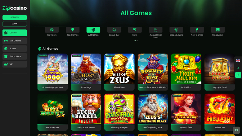 A desktop online casino lobby showing an 'All Games' grid of slot thumbnails with a left sidebar menu and a top category bar.