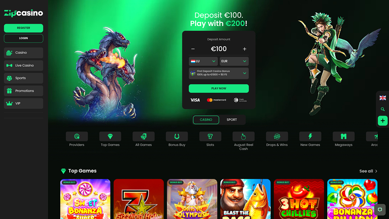 ZipCasino homepage showing a deposit panel with a €100 amount, a 'Play with €200!' offer, and a Top Games row of slot tiles.